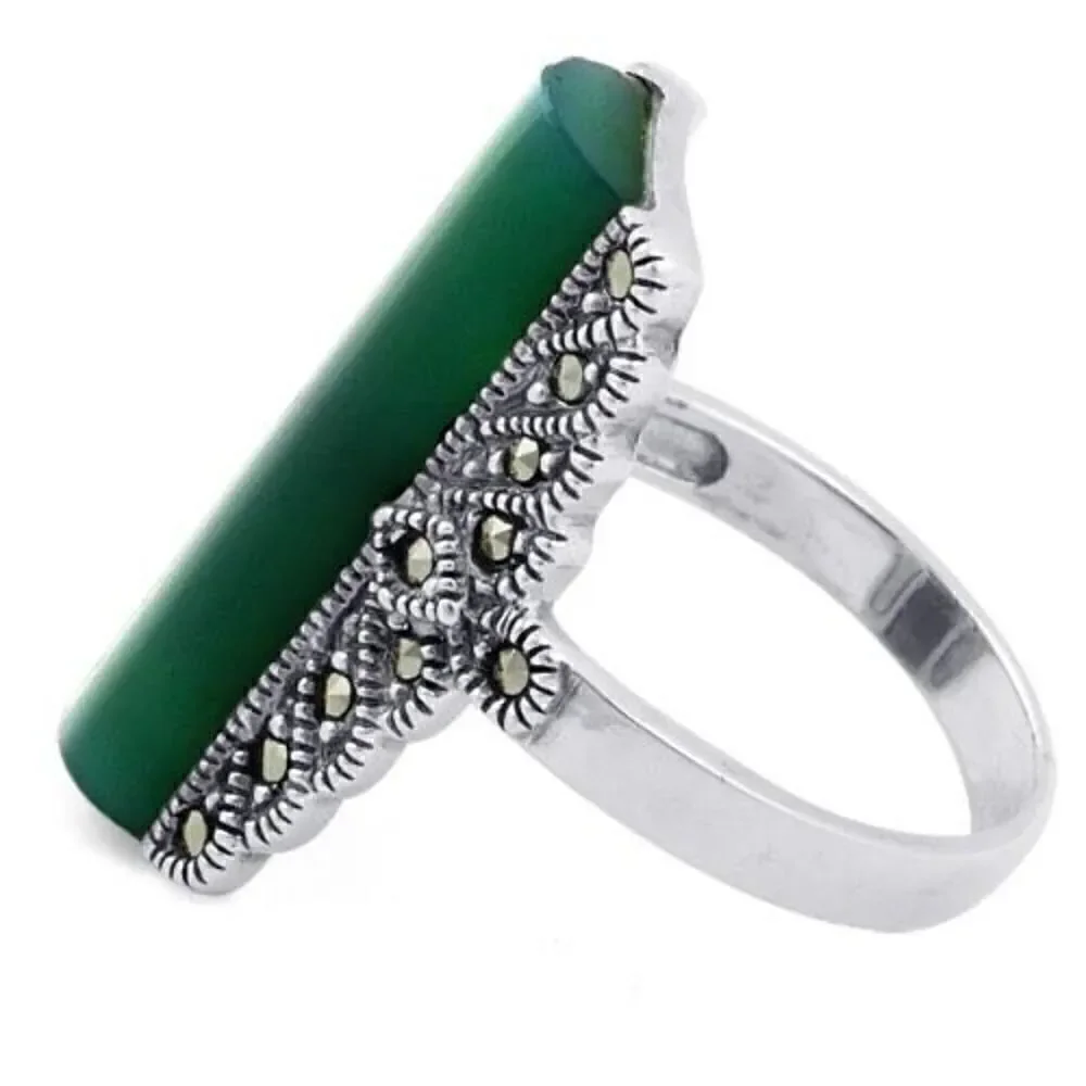 Sterling Silver Green Agate Tall Marcasite Ring New Size 6